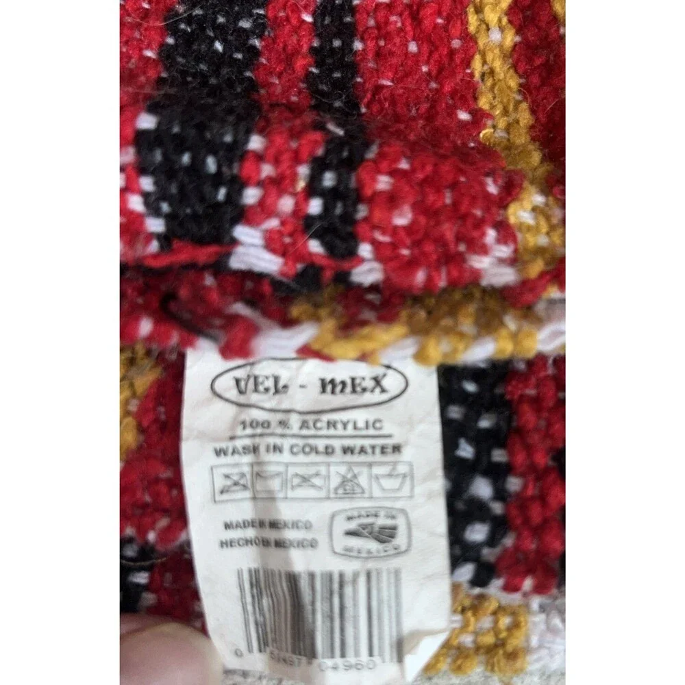Red  Yellow Black Stripe  Rug Throw Blanket With Fringe Mexico 48 X 70